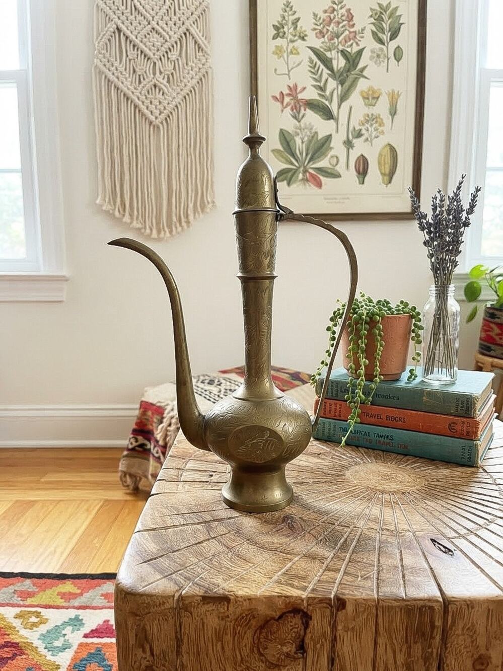 Elegant Vintage Boho Indian Brass Ewer/Pitcher with Etched Design